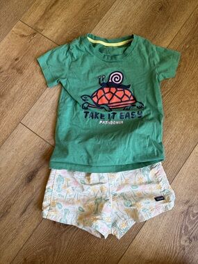 Patagonia Green Kids T-Shirt with Turtle Graphic and Patagonia Swim Shorts